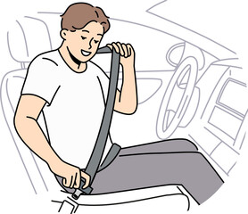 Smiling man fasten seatbelt in car