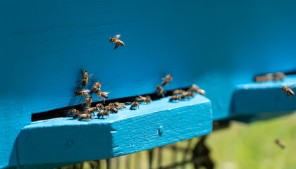 A lot of bees at the entrance to the blue wooden beehive in the apiary.