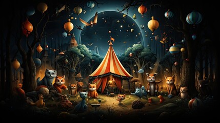 A circus tent with clowns and animals fun style