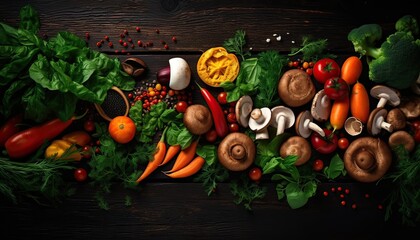 organic harvest vegetables. Vegetarian ingredients for cooking on dark rustic wooden background, top view