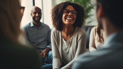 Professional therapists conduct an open group session and a comforting smile, emphasizing the importance of mental health and counseling. Generative ai