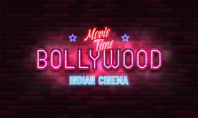 Bollywood indian cinema. Movie banner or poster with retro neon signs. Vector illustration.