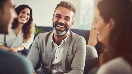 Professional therapists conduct an open group session and a comforting smile, emphasizing the importance of mental health and counseling. Generative ai