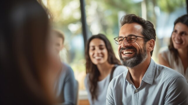 Professional therapists conduct an open group session and a comforting smile, emphasizing the importance of mental health and counseling. Generative ai