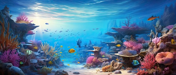 Fototapeta na wymiar A photorealistic underwater scene depicting a peaceful and serene lagoon, with crystal-clear waters, sandy seabed, and a variety of colorful tropical fish swimming among. Generative AI. 