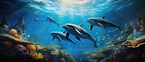 Fototapeta na wymiar A photorealistic underwater scene showcasing a playful interaction between a pod of dolphins and a curious sea lion, creating a heartwarming and lively underwater spectacle. Generative AI. 