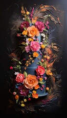 An oil painting background capturing a top view of a beautiful wedding cake with black fondant, adorned with hand-painted floral designs in vibrant colors, unique and artistic. Generative AI. 