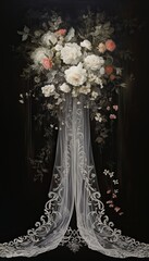An oil painting background featuring a top view of a delicate bridal veil adorned with intricate lacework and delicate floral appliqués, resting on a black surface. Generative AI. 