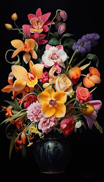 An oil painting background showcasing a top view perspective of an elegant floral arrangement in a black vase, featuring a mix of vibrant blooms like orchids, calla lilies. Generative AI. 