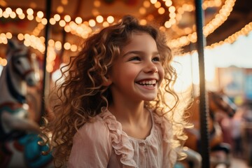 Fototapeta na wymiar A young girl was excited and happy while on a carousel, merry-go-round, and having fun during summer vacation at an amusement park. Generative ai.