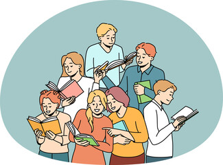 Happy diverse students learning with books together