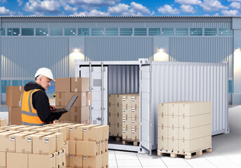Man is logistician specialist. Pallets with boxes near cargo container. Logistician counts boxes. Revision goods in container. Man from transport company holding laptop. Guy logistician near hangar