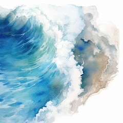 Watercolor illustration of a vibrant and powerful wave crashing in the ocean, created with Generative Ai Technology