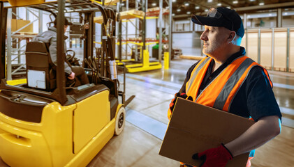 Warehouse contractor. Man with box. Loader guy near forklift. Man contractor in warehouse building....