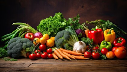 organic harvest vegetables. Vegetarian ingredients for cooking on dark rustic wooden background, top view