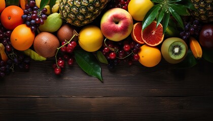 fresh tropical fruits on dark rustic wooden background