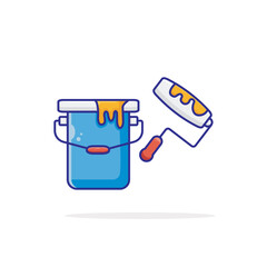 Paint roller brush and bucket vector icon illustration isolated on white background. Simple flat cartoon style design. Development tool concept. Perfect for banner, flyer, sticker, web landing pages