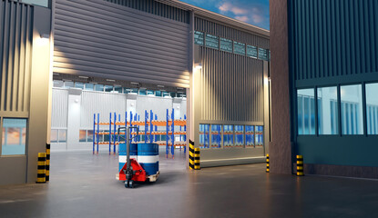 Warehouse area. Industrial buildings. Pallet jack with barrels. Warehouse hangars in evening. Place to storage goods. Warehouse racks inside buildings. Gate to hangar with storage. 3d image