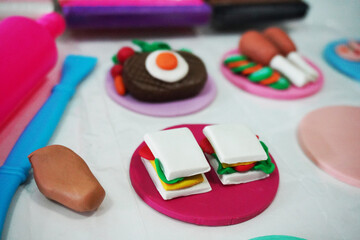 modeling clay, colorful, kid, art, artist, education, foods, chicken drumstick, Steak, sandwich bread, ham, pink, blue, egg, vegetable, white, green, red