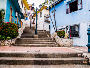 Monumental stairway of Santa Ana hill with colorful houses made in colonial style, Guayaquil, Ecuador
