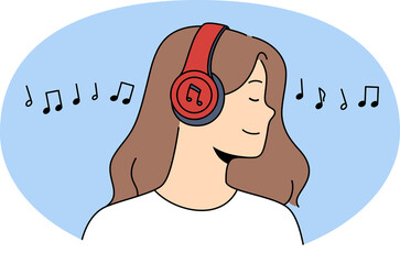 Happy woman listen to music in wireless earphones