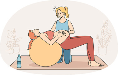 Female coach help pregnant woman with exercising