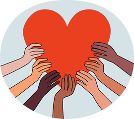 Diverse hands hold huge heart share love