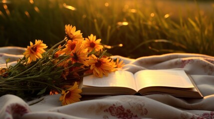 Naklejka na ściany i meble flowers lie on an open book on a blurred background. Generative Ai.