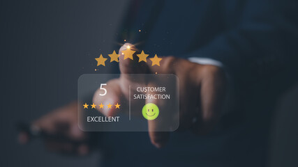 Customer satisfaction experience with five star icon and excellent.