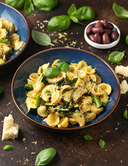 Lemon infused Orecchiette pasta with courgette or zucchini and asparagus