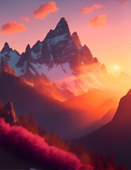 Photo of a stunning sunset over majestic mountains - obrazy, fototapety, plakaty