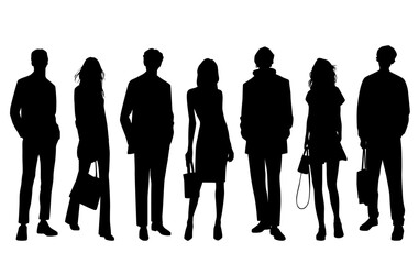 Vector silhouettes of  men and a women, a group of standing   business people, with a bag, profile, black  color isolated on white background