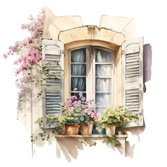 Watercolor cute provence windows with flowers Generative AI, png image.