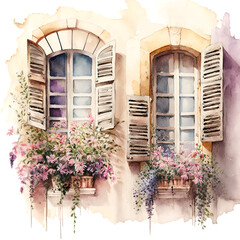 Fototapeta na wymiar Watercolor cute provence windows with flowers Generative AI, png image.