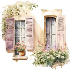 Watercolor cute provence windows with flowers Generative AI, png image.