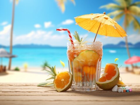 Tropical drink on sandy beach, summer vibes, 3D illustration,Ai Generative 