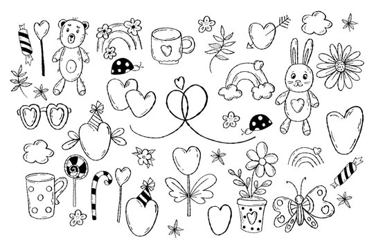 Holiday doodles. Romantic gifts, hearts, plush toy teddy bear and hare, flowers and sweets. Vector illustration. Isolated line drawings for holiday decor, parties, birthdays and valentines