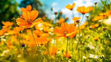 Obraz premium Fleurs oranges dans le jardin ensoleillé - Générative IA