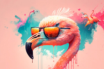 Pink flamingo in sunglasses on the white and blue background art 3D