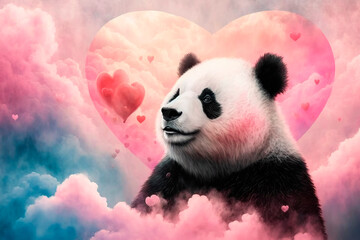 panda in pink clouds love illustration with hearts in the sky romantic pastel background