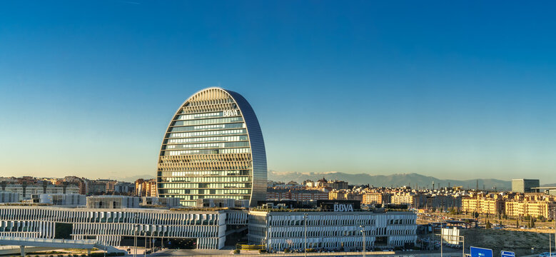 Madrid, Spain - January 30, 2018: Panoramic view of  "La Vela" building BBVA bank headquarters in "Las Tablas" district. Designed by Pritzker Prize winner Herzog & De Meuron, LEED Gold certification