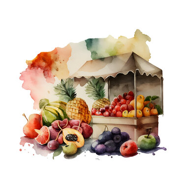 Watercolor fruit rural fair market Generative AI, png image.