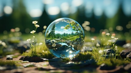 Globe planet glass In a green forest with bokeh nature lights. world environment day. the concep for environment conservation, protect ecology earth and eco-friendly environmental life. Generative Ai.