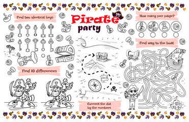 Festive placemat for children. Printable activity sheet "Pirate party" with a labyrinth, connect the dots and find differences. 17x11 inch printable vector file