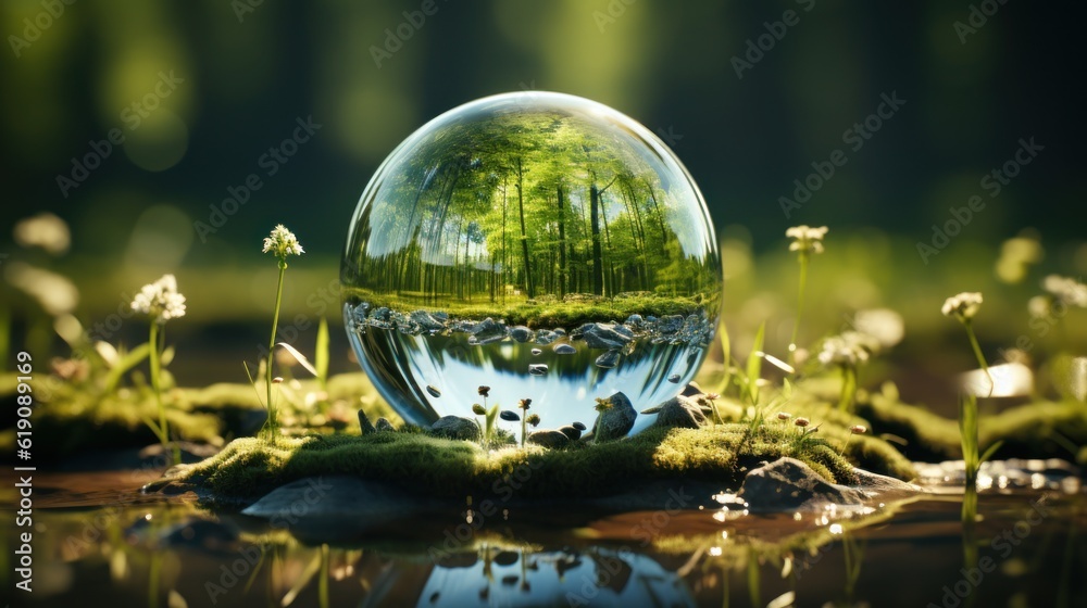 Wall mural Globe planet glass In a green forest with bokeh nature lights. world environment day. the concep for environment conservation, protect ecology earth and eco-friendly environmental life. Generative Ai.