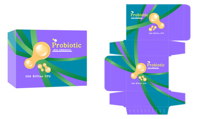 Packaging design, dietary supplement container, probiotic concept box template and mockup box, illustration vector.