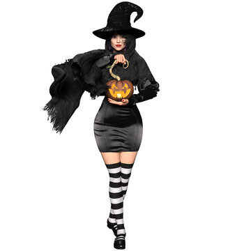 A 3d rendered illustration of a fantasy character as witch holding a Halloween pumpkin lantern as an overlay. Isolated on white