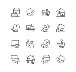 Set of work place related icons, working, remote work, video conference, coworkin, freelancer, home office and linear variety symbols.
