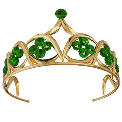 A 3d rendered illustration of golden royal tiara with emerald stones as an overlay isolated on white © HWWO Stock