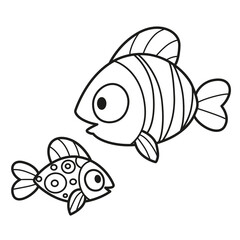 Two cartoon sea fishes outlined for coloring page isolated on white background